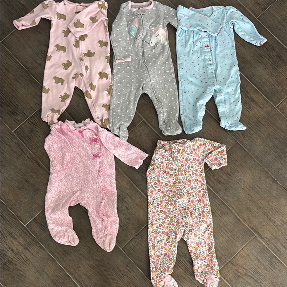 Set of Five Baby Footie Pajamas. One is 6-9M, the rest are 9M.